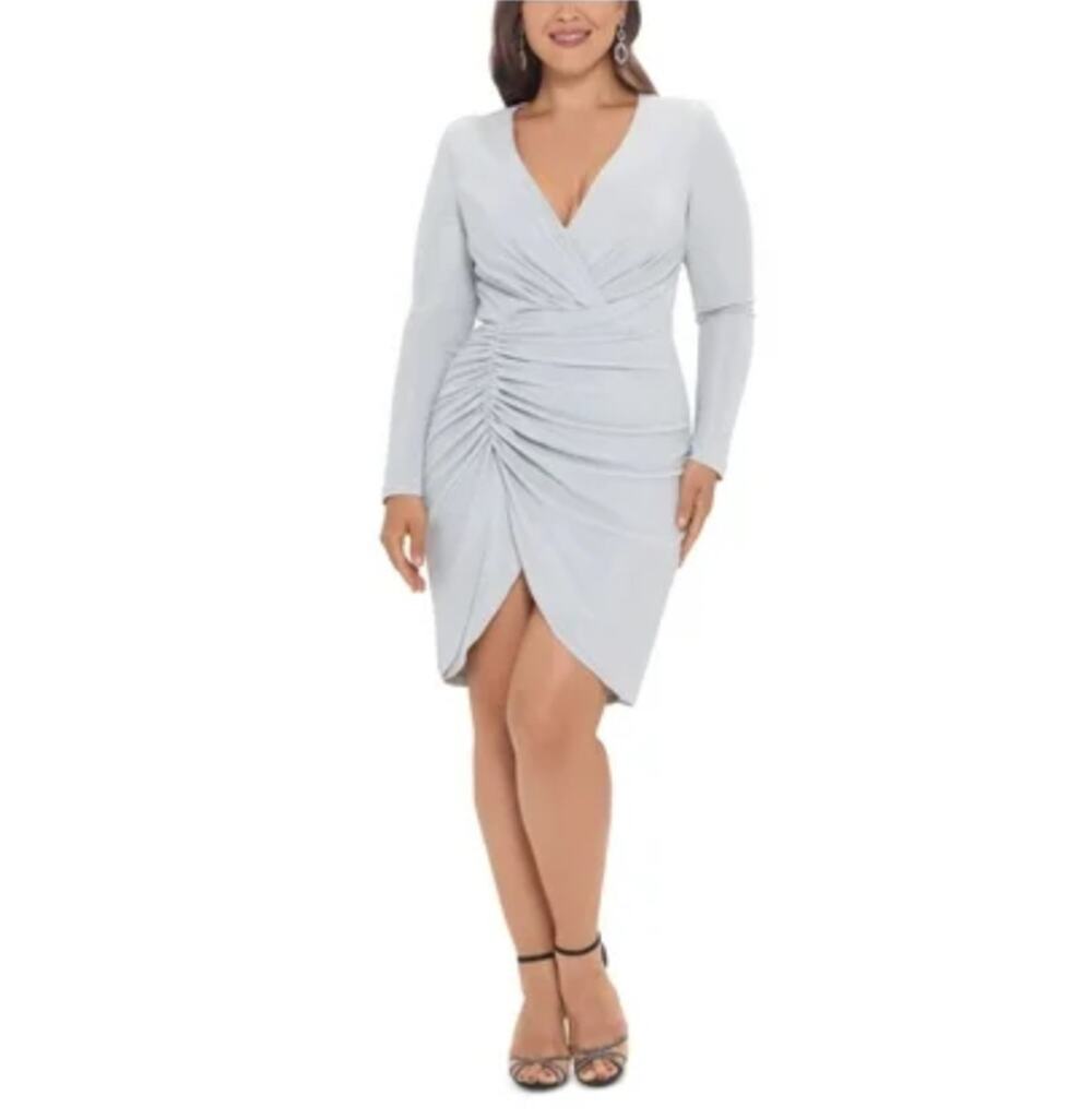 Betsy & Adam Silver Cocktail Dress Metallic Long Sleeve Mini Sheath Size 20W